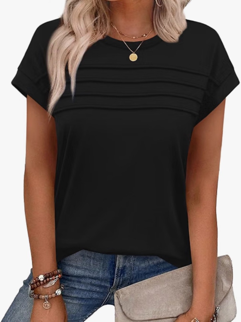 Women’s Black Pintuck Short Sleeve Top
